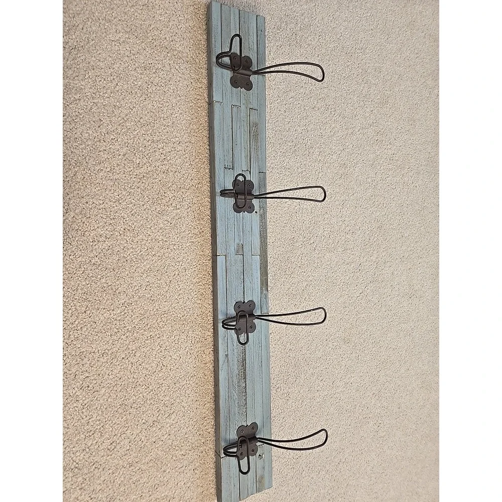 Shabby Blue Wood‎ 4 large Coat Hooks Farmhouse 32
